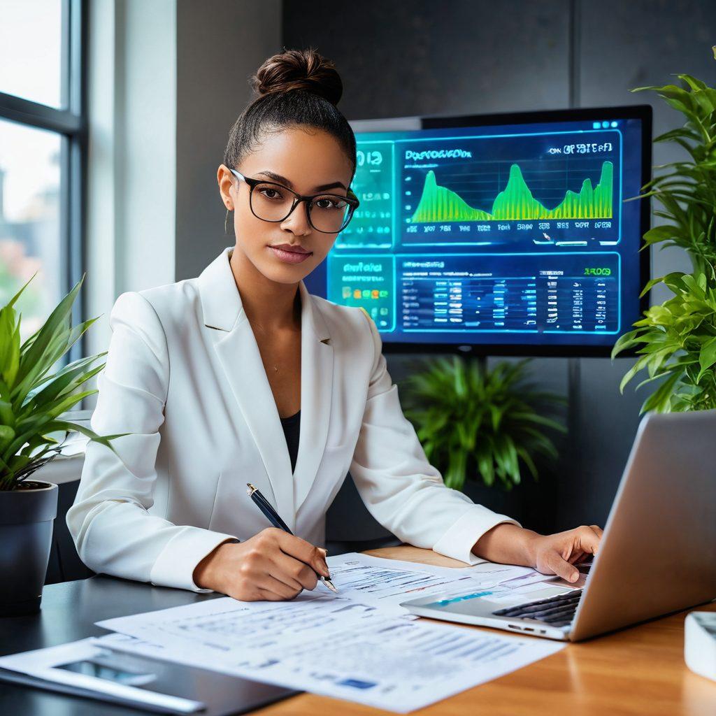 A confident individual reviewing financial documents at a sleek desk, surrounded by futuristic holograms illustrating credit scores and loan strategies. Include green plants for freshness and a sunny window view for positivity. The scene should evoke a sense of empowerment and professionalism. vibrant colors. modern design.