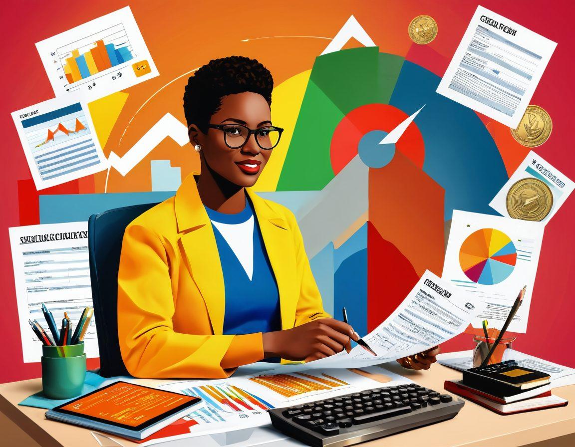 A visually engaging collage featuring a confident individual reviewing their credit report, surrounded by tools for financial success like a calculator, bills, and a computer displaying financial graphs. In the background, illustrations of a rising arrow symbolizing growth and stability, with stacks of coins and loan documents. Bright, optimistic color palette to evoke hope and empowerment. modern infographic style. vibrant colors.