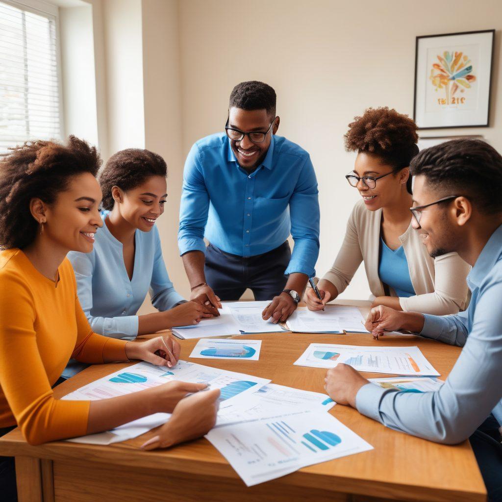 A diverse group of individuals of different ages and ethnicities engaged in a lively discussion around a large table filled with financial documents, calculators, and loan brochures. Bright, inviting atmosphere with a digital screen displaying easy-to-understand graphs about credit scores and loan opportunities. Show elements of teamwork and empowerment, illustrating the journey towards financial literacy. super-realistic. vibrant colors. warm lighting.